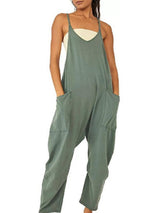 Summer Women's Loose Sleeveless Jumpsuits Spaghetti Strap-Green-7