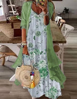 Summer Women's Print Holiday Suspender Dress Two-piece Set-Green-15