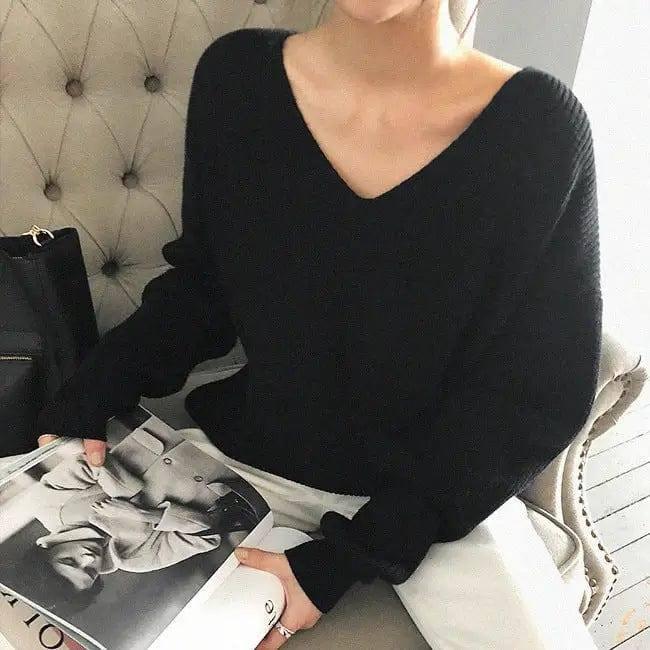 Sweater Black Loose V Neck Sweater Pullover-4