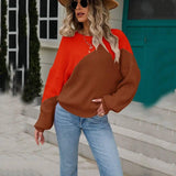 Sweater Color Matching Batwing Shirt Pullover Round Neck-Brown-12