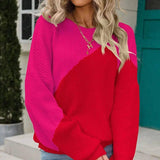 Sweater Color Matching Batwing Shirt Pullover Round Neck-Rose Red-4