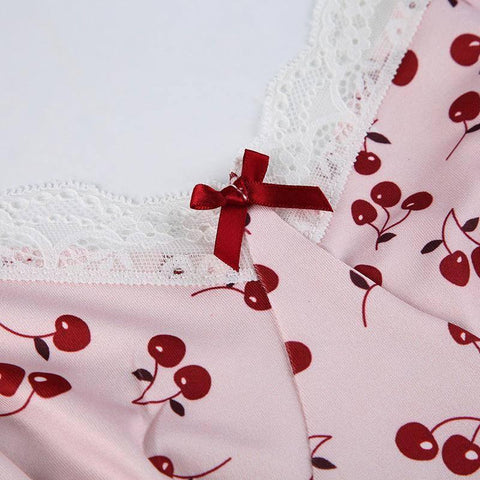 Sweet Girlish Cherry Print Lace Splicing Sling Dress-10