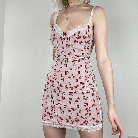 Sweet Girlish Cherry Print Lace Splicing Sling Dress-9