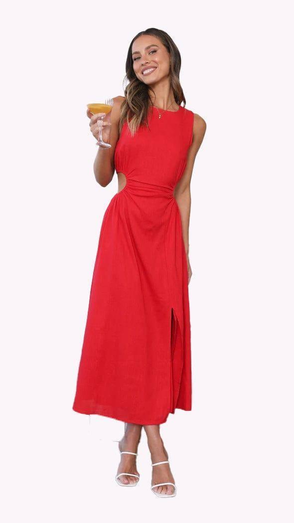 Sweet Style Solid Color Waist Tight Round Neck Dress-Red-5