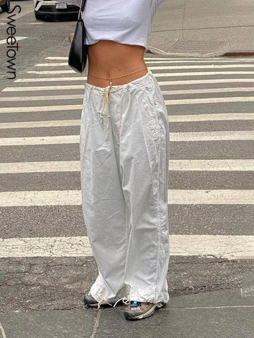 Sweetown Casual Baggy Wide Leg Sweatpants White Loose-4