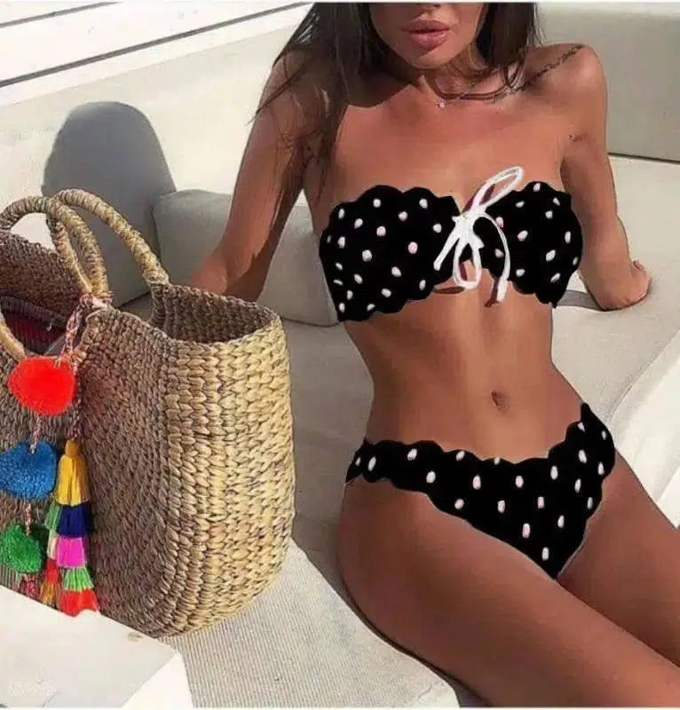 Swimsuit Special Fabric Polka Dot Perforated Printed Bikini-Black-3