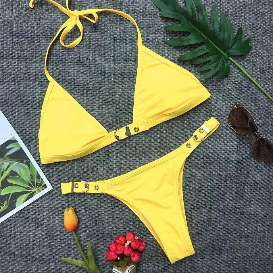 Swimwear Adjust Swimming Suit for Women Bikinis Sexy Solid-Yellow-3