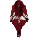 Tassel Cape And Shawl Women's Striped Fur Collar Scarf-Wine Red-3