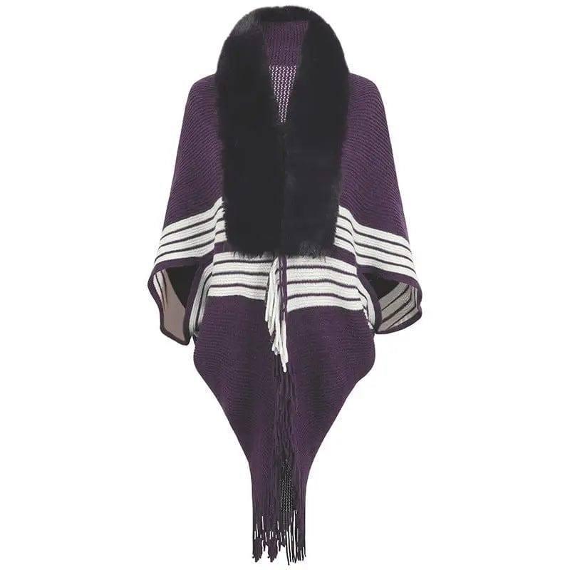 Tassel Cape And Shawl Women's Striped Fur Collar Scarf-Purple-6