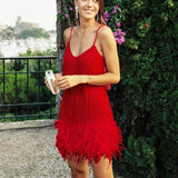 Tassel Stitching Feather Sequins Dress-Red-8