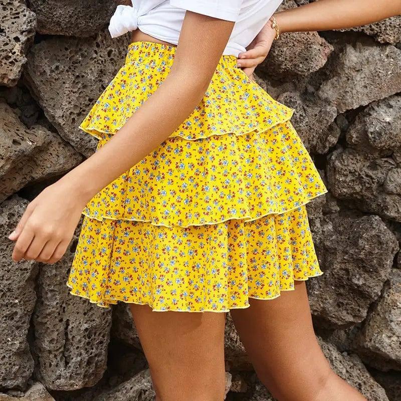 Thousand Layer Cake Floral Pleated Skirt-Yellow-2