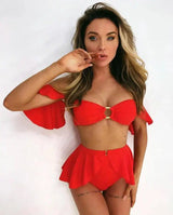 Three-piece swimsuit with printed ruffles-Red-2