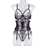 Three Pieces Female Lingerie Love Embroidery Girdle-4