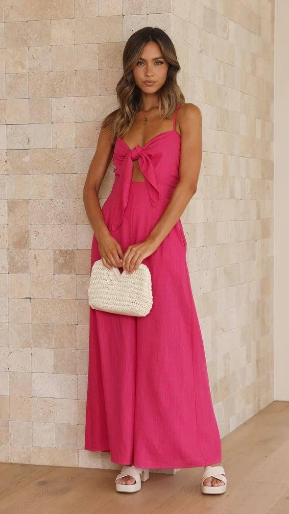 Tied Spaghetti-strap Trendy Jumpsuit-Rose Red-5