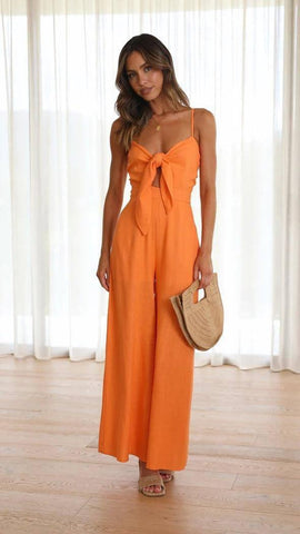 Tied Spaghetti-strap Trendy Jumpsuit-Ginger Yellow-6