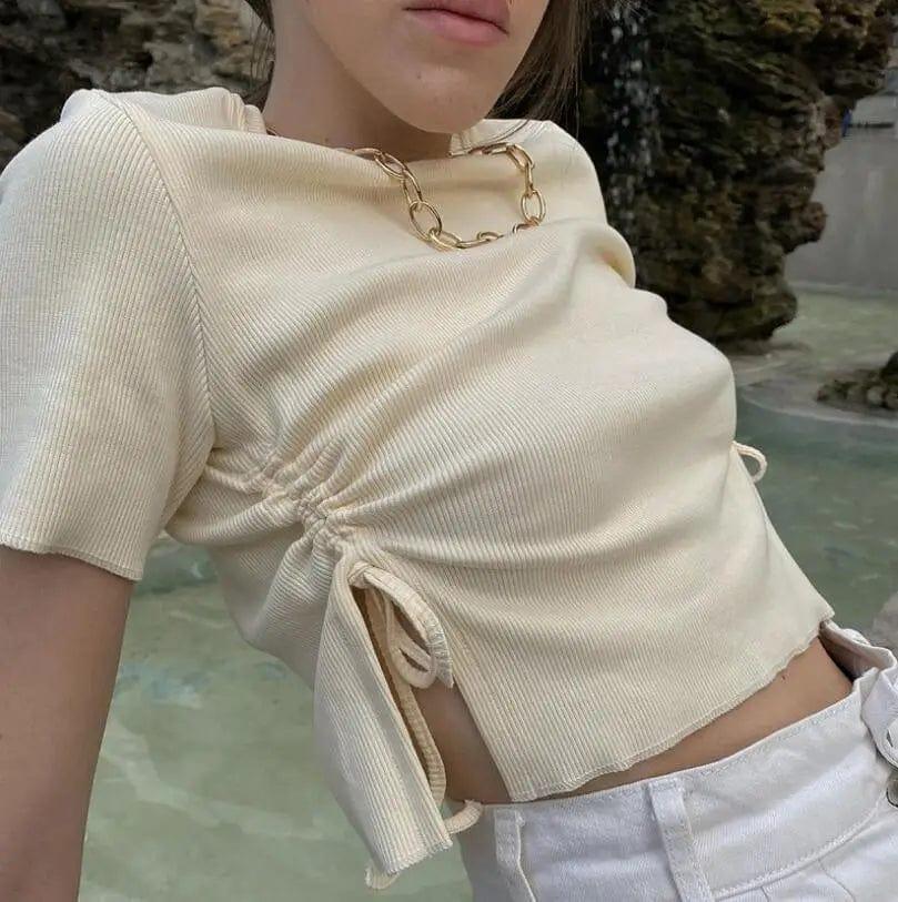 LOVEMI - Summer Sexy Short Threaded Slit Drawstring T-shirt