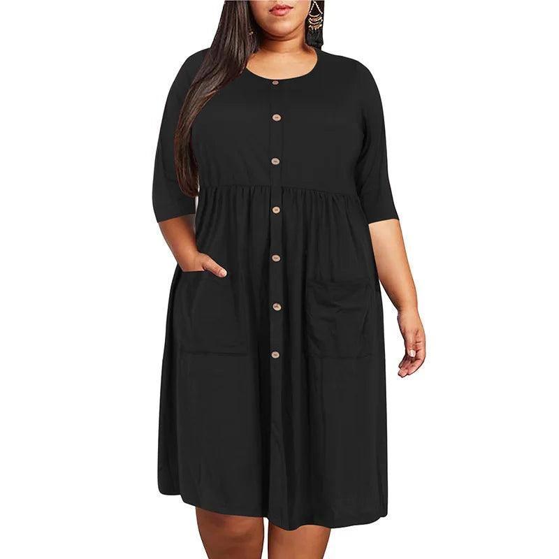 Trendy Plus Size Black Buttoned Dress - EcoBros-7