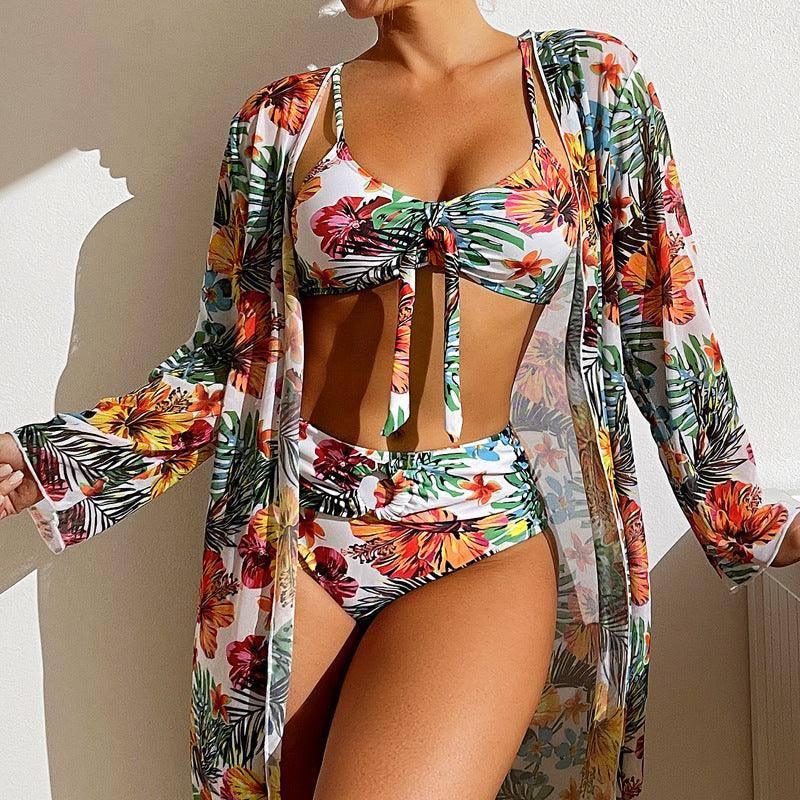 Tropical Print Swimwear Set with Kimono-White-2