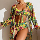 Tropical Print Swimwear Set with Kimono-Fluorescein-3