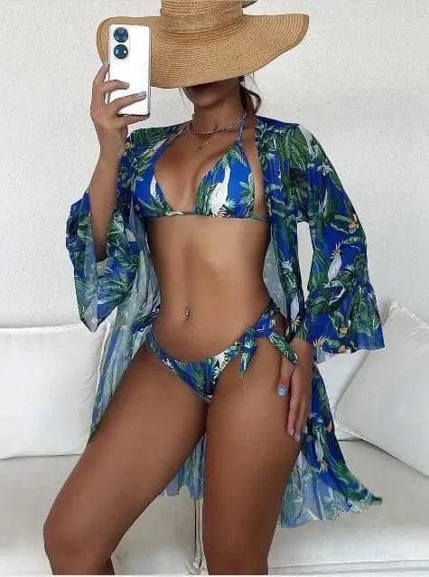Tropical Triangle Bikini Swimsuit Kimono-Blue-2