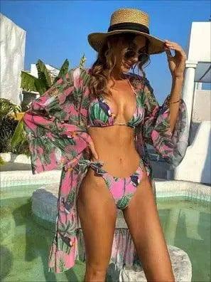 Tropical Triangle Bikini Swimsuit Kimono-Pink-5