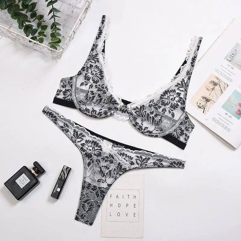 LOVEMI - Two-tone Lace Sexy Lingerie With Steel Ring Women Suit