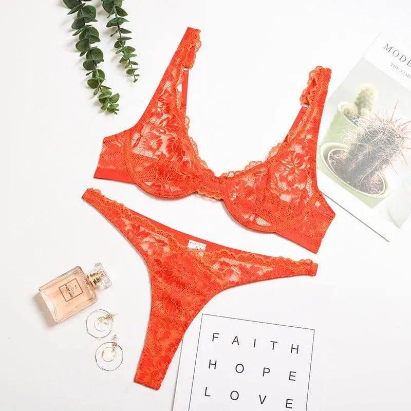 Two-tone Lace Sexy Lingerie With Steel Ring Women Suit-Orange-4