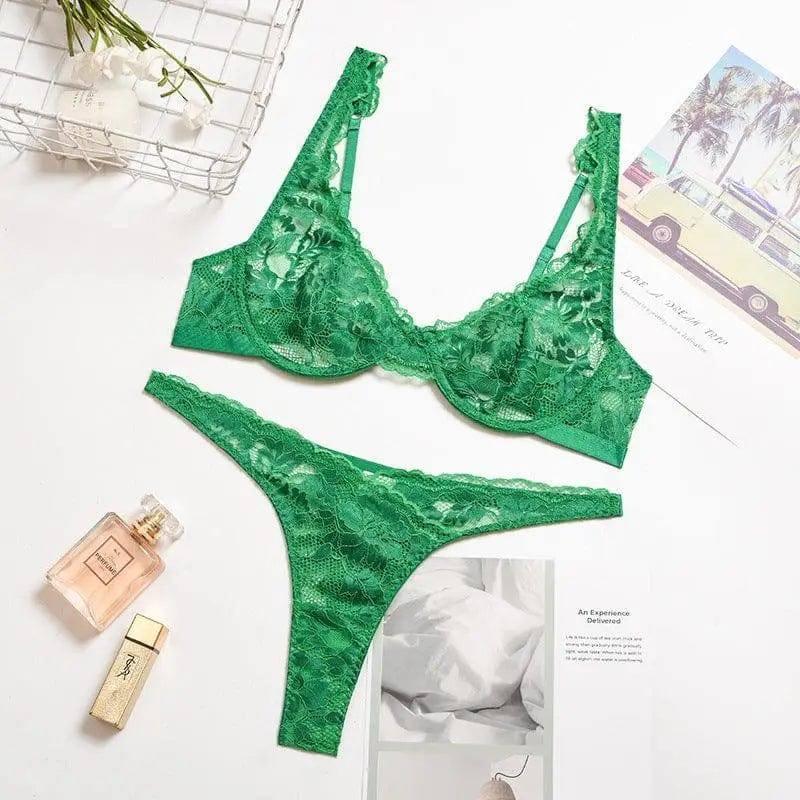Two-tone Lace Sexy Lingerie With Steel Ring Women Suit-Green-6