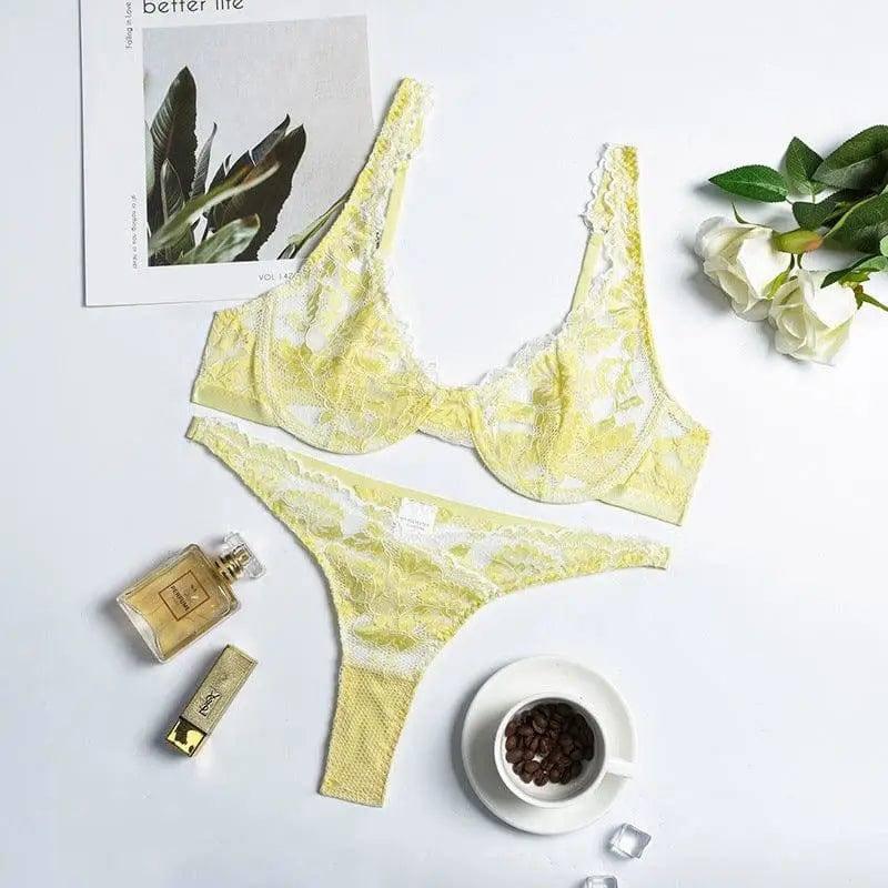 Two-tone Lace Sexy Lingerie With Steel Ring Women Suit-Yellow-7