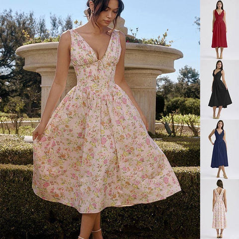 V-neck A-line Dress Summer Pleated Floral Print Tight Waist-1