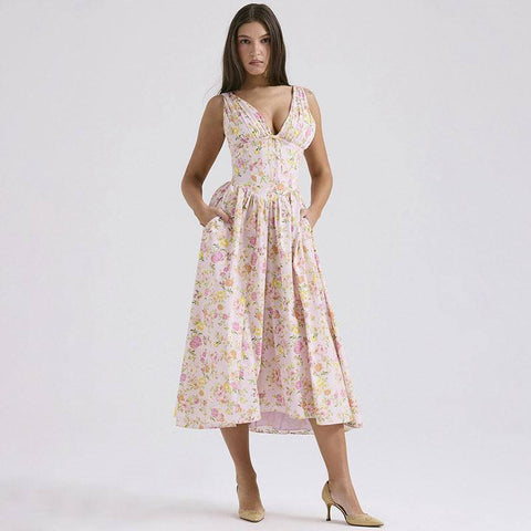 V-neck A-line Dress Summer Pleated Floral Print Tight Waist-6