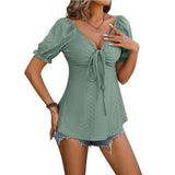 V-neck Drawstring Design Short-sleeved Top Summer Solid-Green-6