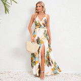 V-neck Floral Print Long Dress Summer Fashion Waist Tie Slit-White-4