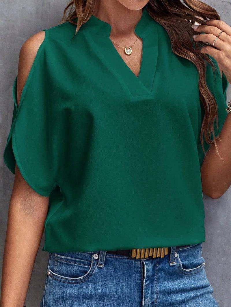 V-neck Graceful And Fashionable Off-the-shoulder Sleeves-Dark Green-9