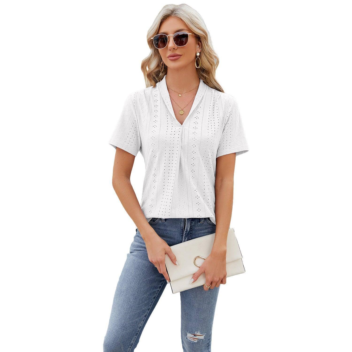 V-neck Hollow Design T-shirt Summer Loose Short-sleeved Top-White-6