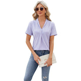 V-neck Hollow Design T-shirt Summer Loose Short-sleeved Top-Purple-7