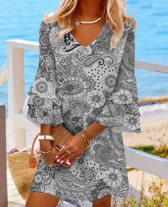 V-neck loose fitting short skirt printed beach vacation-grey-1