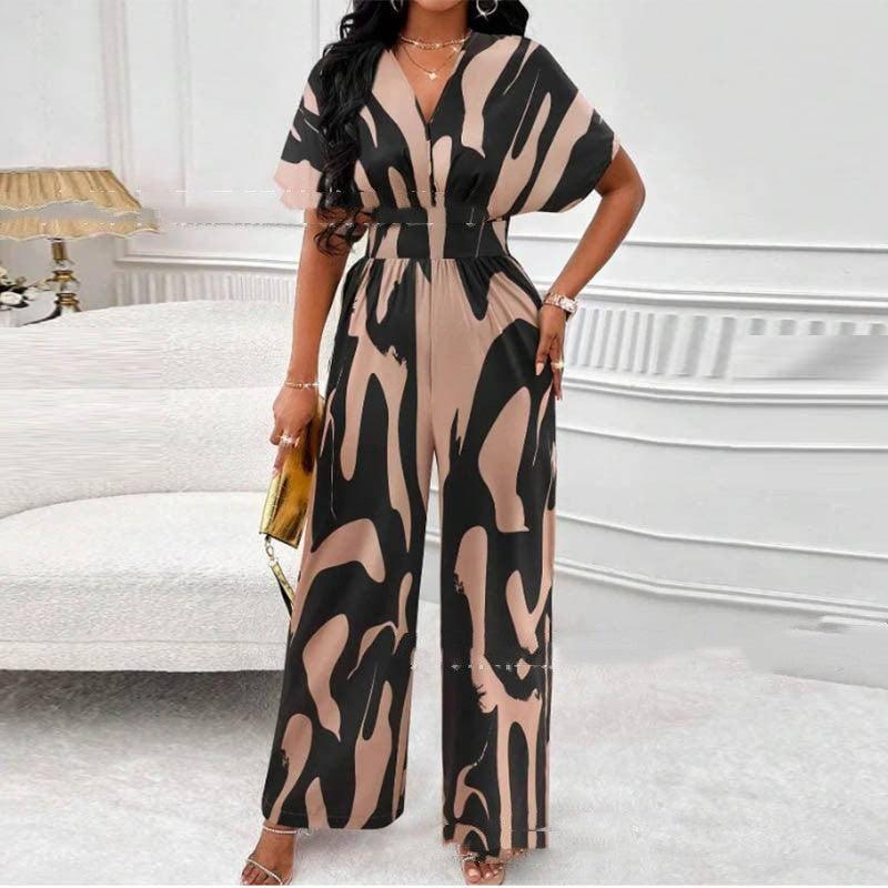 V-neck Loose Printed Long Jumpsuit-S-2