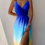 V-neck Slip Dress Low Cut Printed Slit Dress-Blue-7