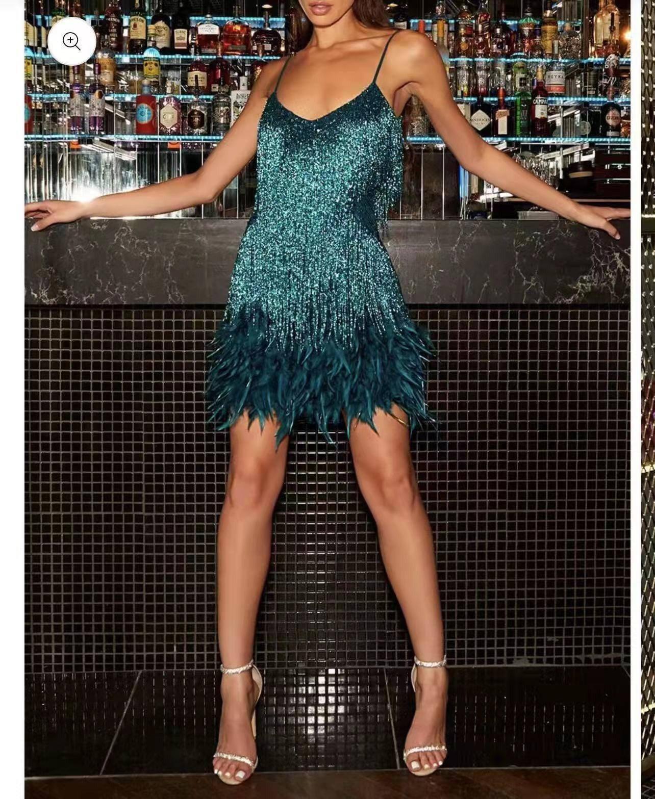 V-neck Strap Feather Stitching Dress-Dark Green-13