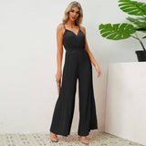 V-neck Suspender Pleated Jumpsuit Solid Color Loose Straight-4