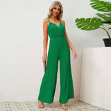 V-neck Suspender Pleated Jumpsuit Solid Color Loose Straight-5