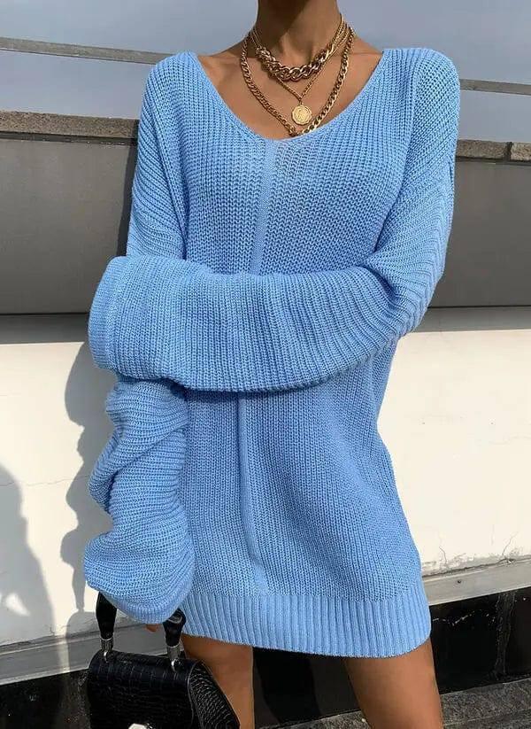 V-neck Sweater Loose Sweater Women's Knit Sweater-4