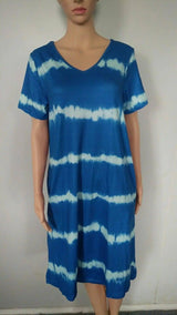 V Neck Tie Dye Print Short Sleeve Dress-Blue-3