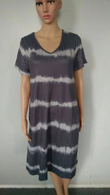 V Neck Tie Dye Print Short Sleeve Dress-Grey-5
