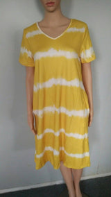 V Neck Tie Dye Print Short Sleeve Dress-Yellow-9