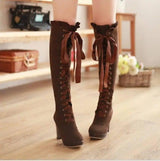 Velvet Strappy High Heels Tall Boots For Women-Brown-1