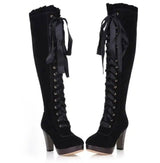 Velvet Strappy High Heels Tall Boots For Women-Black-4