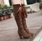Velvet Strappy High Heels Tall Boots For Women-5