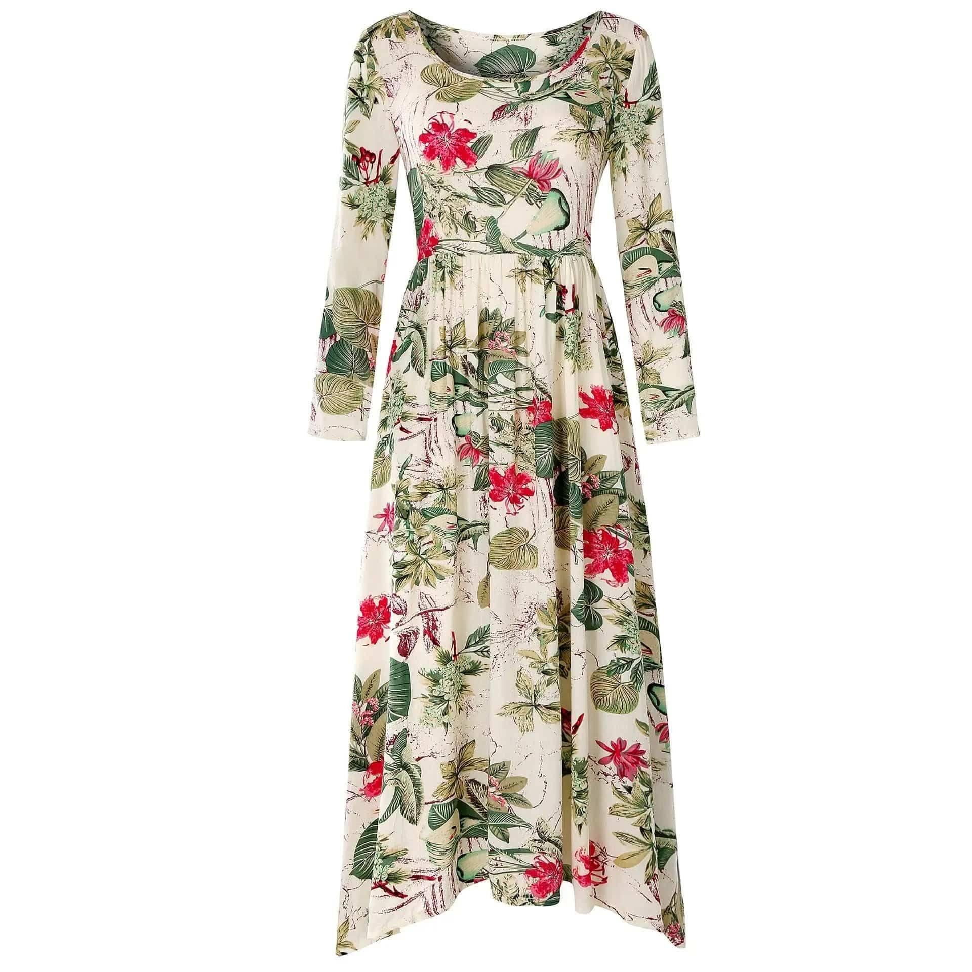 LOVEMI - Vintage Floral Print Long Sleeve Crew Neck Dress